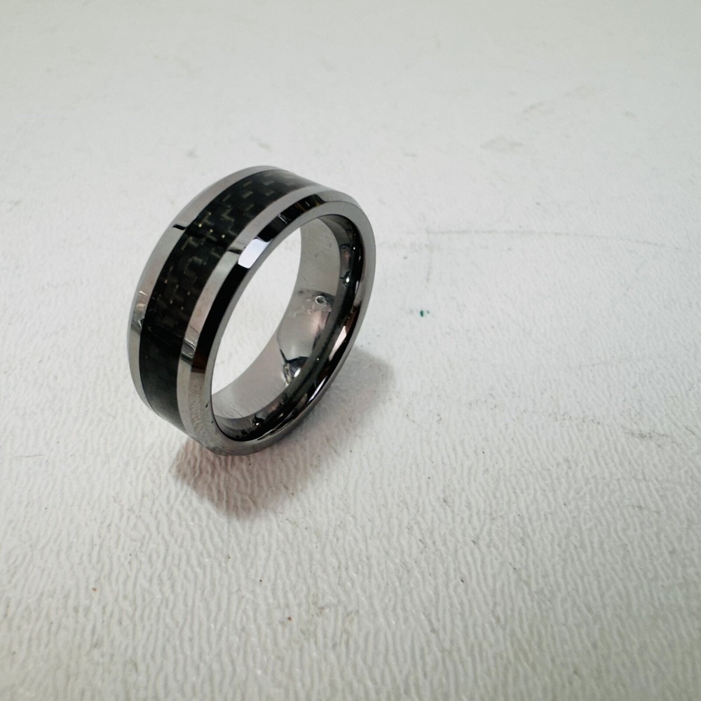 Tungsten Carbide Black Carbon Fiber Ring Silver Mens Engagement Wedding Band 9